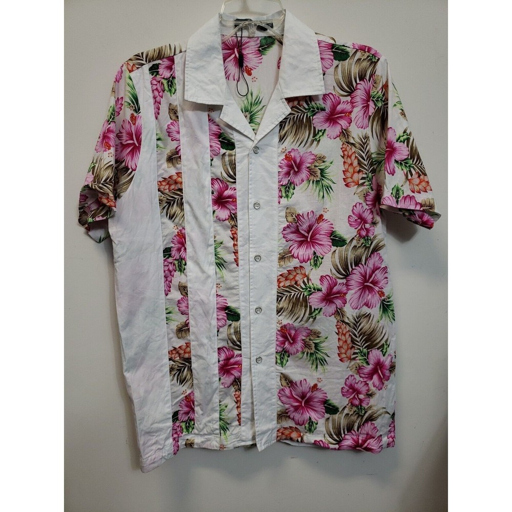 Casual Hawaiian Floral Button-Down Shirt - White with Pink Hibiscus